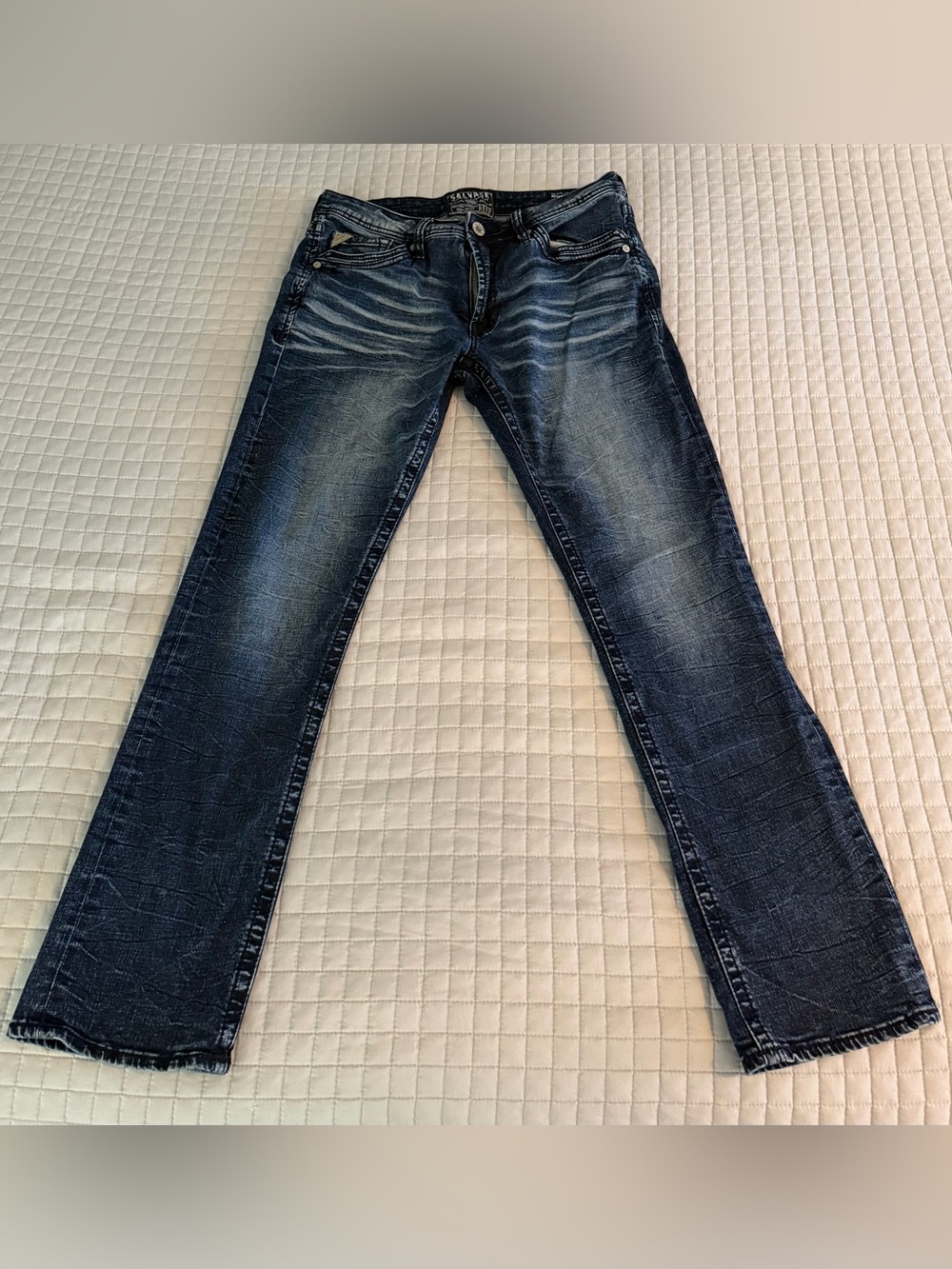 Salvage Supply Co Buckle Mayhem Jeans Mens 34R Dark Wash Distressed